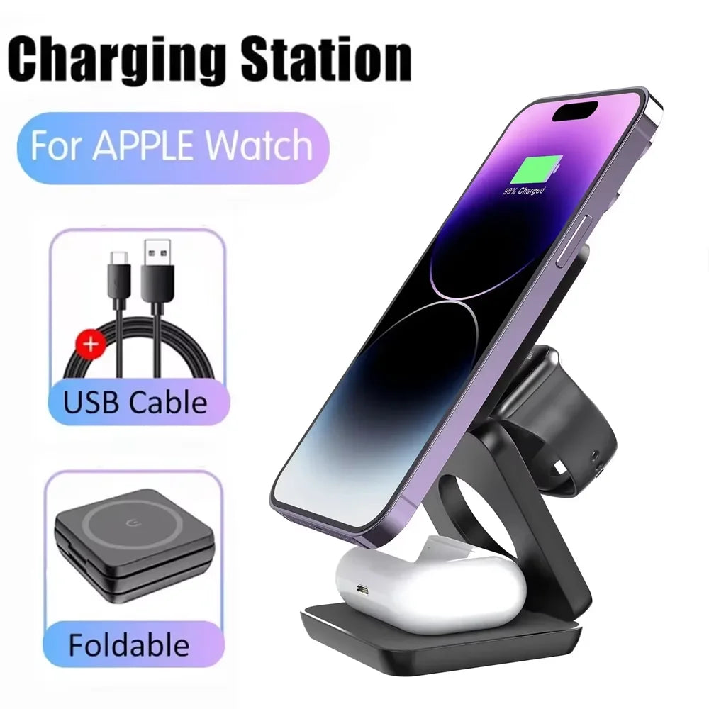 3 in 1 Wireless Charger Stand Magnetic Foldable Wireless Charging Station for Iphone 16 15 14 13 Pro Max Apple Watch 8 9 Charger