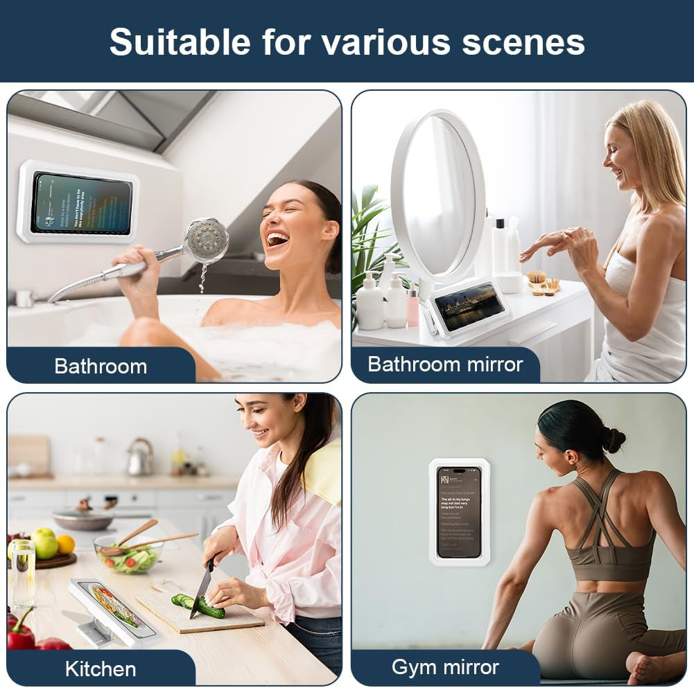 Shower Phone Holder Waterproof, 480° Rotation Wall Mount Phone Holder, anti Fog High Sensitive HD Touchscreen Shower Phone Case, for Bathroom Kitchen, Fit 3.3-7" Phone, White