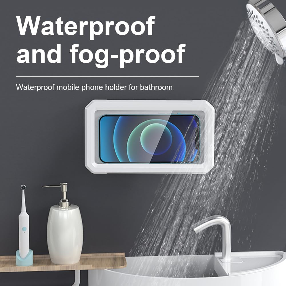 Shower Phone Holder Waterproof, 480° Rotation Wall Mount Phone Holder, anti Fog High Sensitive HD Touchscreen Shower Phone Case, for Bathroom Kitchen, Fit 3.3-7" Phone, White
