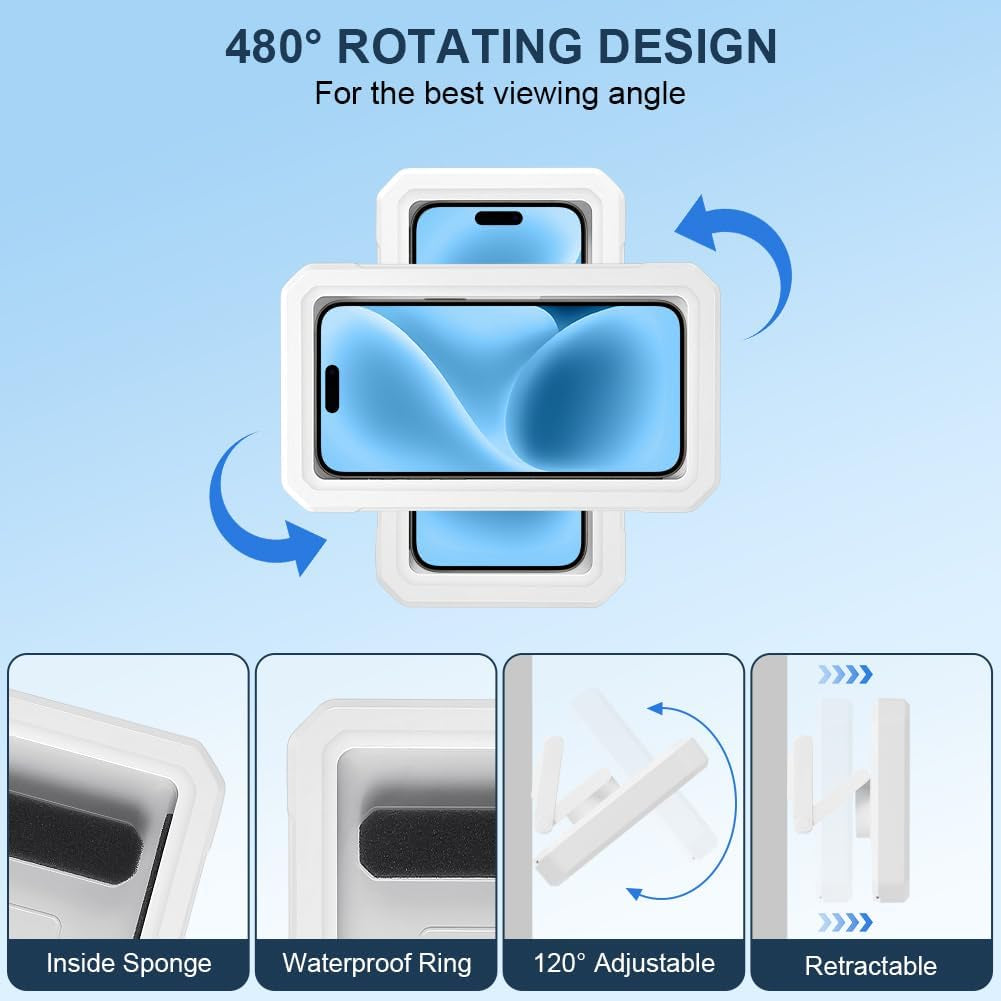 Shower Phone Holder Waterproof, 480° Rotation Wall Mount Phone Holder, anti Fog High Sensitive HD Touchscreen Shower Phone Case, for Bathroom Kitchen, Fit 3.3-7" Phone, White