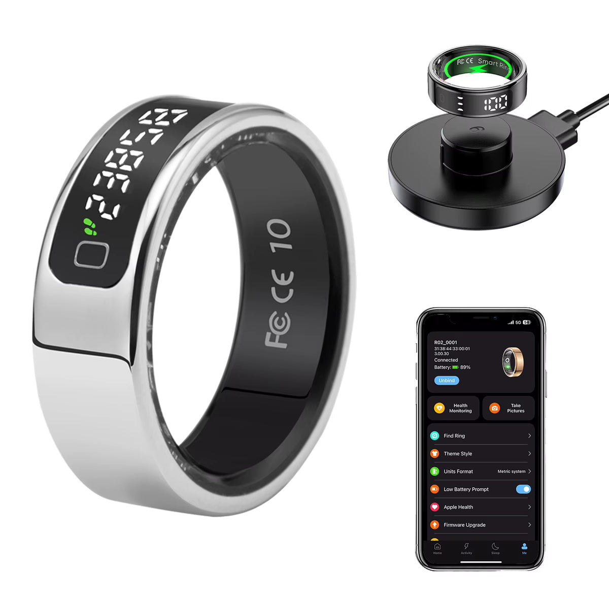 Tasbih Fitness Heart Rate Zikr Counter Display Screen Blood Oxygen Sleep Monitor Temperature Gesture Control Touch Smart Ring