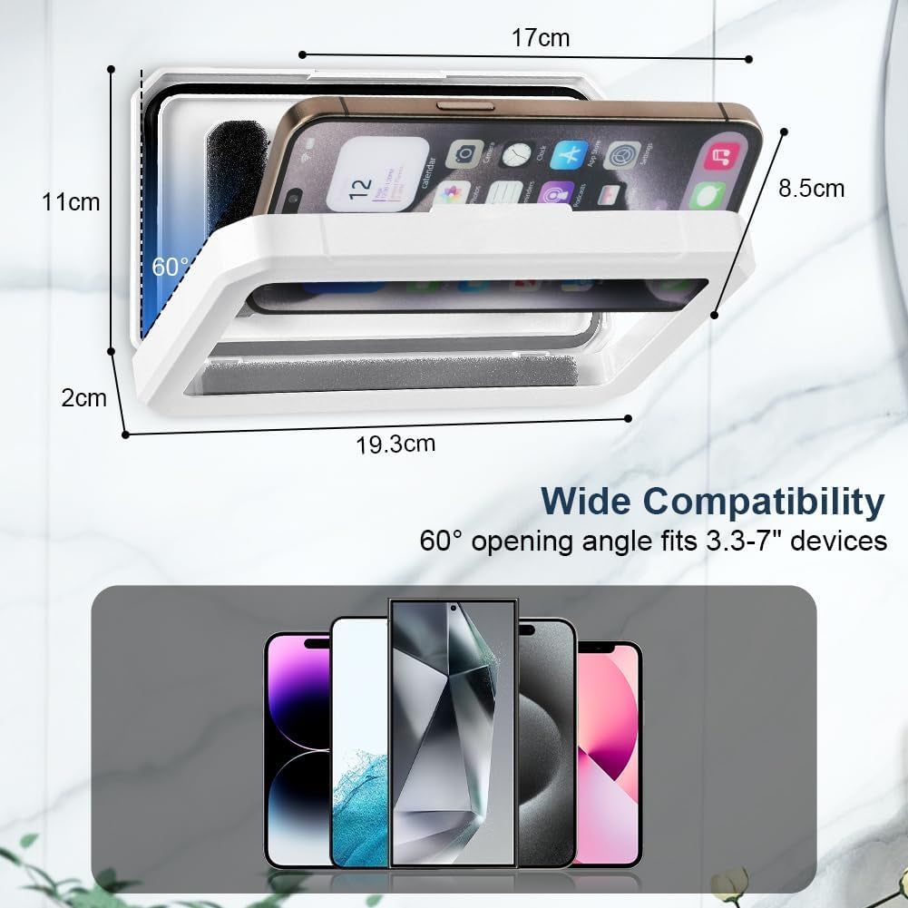 Shower Phone Holder Waterproof, 480° Rotation Wall Mount Phone Holder, anti Fog High Sensitive HD Touchscreen Shower Phone Case, for Bathroom Kitchen, Fit 3.3-7" Phone, White