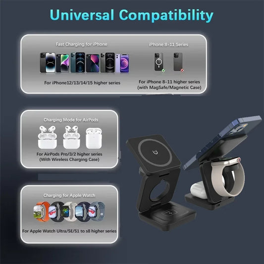 3 in 1 Wireless Charger Stand Magnetic Foldable Wireless Charging Station for Iphone 16 15 14 13 Pro Max Apple Watch 8 9 Charger