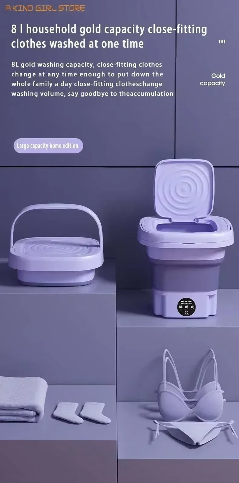 220V 8L Big Capacity Portable Foldable Washing Machine with Spin Dryer Automatic Mini Underwear Sock 220V Washing Machine #20