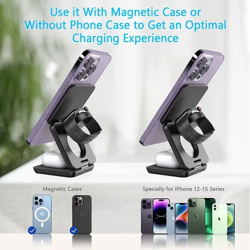 3 in 1 Wireless Charger Stand Magnetic Foldable Wireless Charging Station for Iphone 16 15 14 13 Pro Max Apple Watch 8 9 Charger